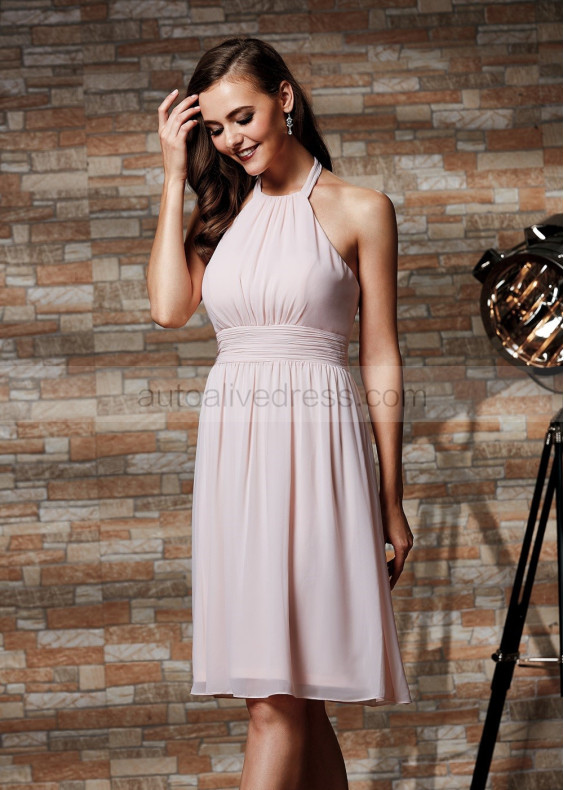 Halter Neck Petal Pink Chiffon Knee Length Bridesmaid Dress